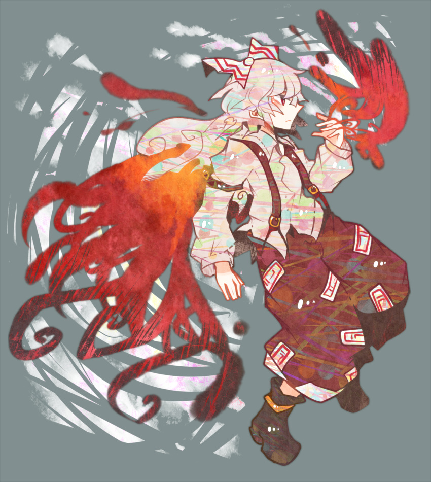 bad_id bad_pixiv_id boots bow dress_shirt female fiery_wings fire fujiwara_no_mokou grey_hair hairbow highres itomugi-kun long_hair pants profile red_eyes shirt shoes solo suspenders touhou very_long_hair wings