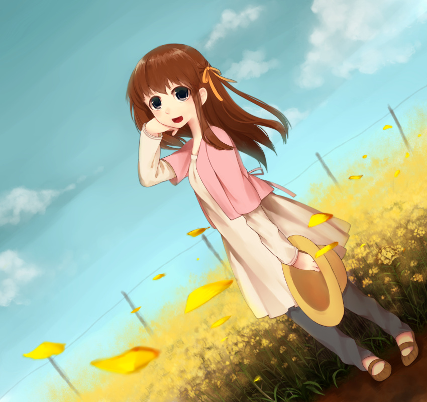 :d adjusting_hair brown_hair casual cloud commentary_request day dress dutch_angle female field flower flower_field fruits_basket full_body grey_eyes hair_ribbon hat highres honda_tohru long_hair open_mouth outdoors pants petals rapeseed_blossoms ribbon setunarennsa sky smile solo standing sun_hat unworn_hat unworn_headwear