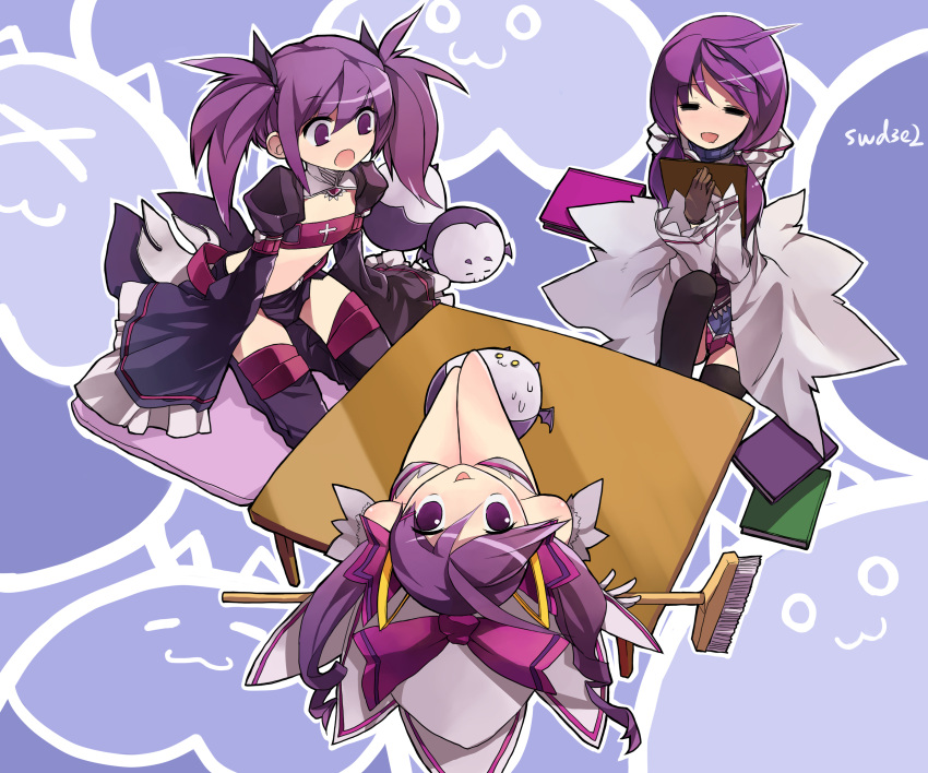 3girls absurdres aisha_landar angkor_(elsword) artist_name back_bow bad_id bad_pixiv_id book bow broom closed_eyes coat dimension_witch_(elsword) elemental_master_(elsword) elsword from_above highres kneeling long_hair looking_up multiple_girls multiple_persona purple_background purple_eyes purple_hair purple_legwear purple_skirt purple_sleeves skirt smile swd3e2 table thighhighs twintails void_princess_(elsword)