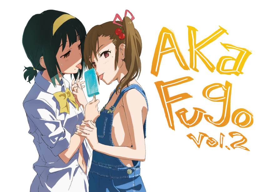 2girls akai_toshifumi alternate_hairstyle bow brown_hair commentary_request cover cover_page doujin_cover dress_shirt food futami_mami green_hair hairband holding_hands idolmaster idolmaster_(classic) interlocked_fingers matsuo_yuusuke mole mole_under_mouth multiple_girls naked_overalls navel open_clothes open_shirt otonashi_kotori overalls photoshop_(medium) popsicle shade shaded_face shared_food shirt side_ponytail simple_background summer sweat tongue tongue_out white_background yuri