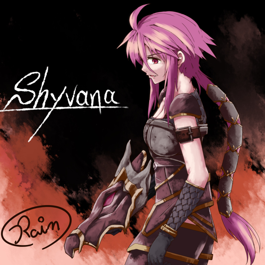 armor commentary_request dragon female fujimako highres ironscale_shyvana league_of_legends long_hair oerba_yun_fang pink_eyes pink_hair short_hair shyvana solo