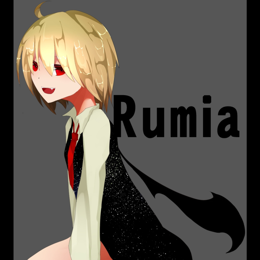 ahoge bad_id bad_nicoseiga_id blonde_hair character_name ex-rumia female hair_ribbon long_sleeves necktie oerba_yun_fang ogami_ren open_mouth red_necktie ribbon rumia short_hair solo touhou wings