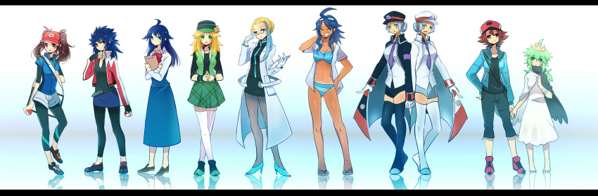 6+girls adjusting_eyewear ahoge alternate_hair_color bag barefoot baseball_cap belt bikini black_legwear blonde_hair blue_hair bow bowtie brown_hair cheren_(pokemon) colress_(pokemon) commentary_request crown curtis_(pokemon) dress emmet_(pokemon) fingerless_gloves flower genderswap_(mtf) glasses gloves goggles goggles_on_head green_hair grey_hair grin hat hat_flower height_difference high_heels highres hilbert_(pokemon) holding holding_poke_ball hugh_(pokemon) ingo_(pokemon) jacket lab_coat leggings letterboxed long_hair looking_at_viewer marlon_(pokemon) multicolored_hair multiple_girls n_(pokemon) nate_(pokemon) necktie one_eye_closed open_mouth pantyhose peaked_cap photoshop_(medium) poke_ball pokemon pokemon_bw pokemon_bw2 reflection rule_63 sekimo shirt shoes shoulder_bag skirt smile sneakers striped_bikini striped_clothes swimsuit tan thighhighs twintails visor_cap white_legwear wristband zettai_ryouiki