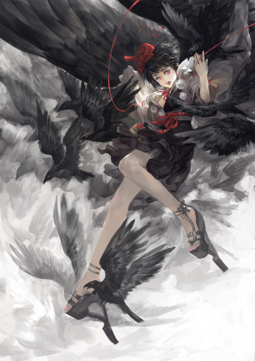 alcd alternate_costume animal bare_legs bird black_hair black_wings commentary_request crow expressionless female geta highres kourindou_tengu_costume large_wings looking_at_viewer mask photoshop_(medium) red_eyes shameimaru_aya short_hair solo string string_of_fate tengu_mask touhou wings