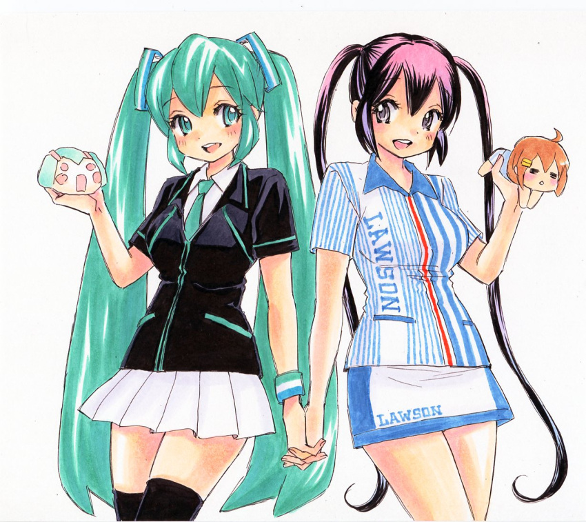 2girls aqua_eyes aqua_hair calligraphy_brush_(medium) commentary_request crossover employee_uniform familymart hatsune_miku hirasawa_yui holding_hands interlocked_fingers k-on! lawson long_hair marker_(medium) millipen_(medium) multiple_girls nakano_azusa necktie open_mouth purple_hair rodeorodeo round_teeth simple_background skirt teeth thighhighs traditional_media twintails uniform very_long_hair vocaloid