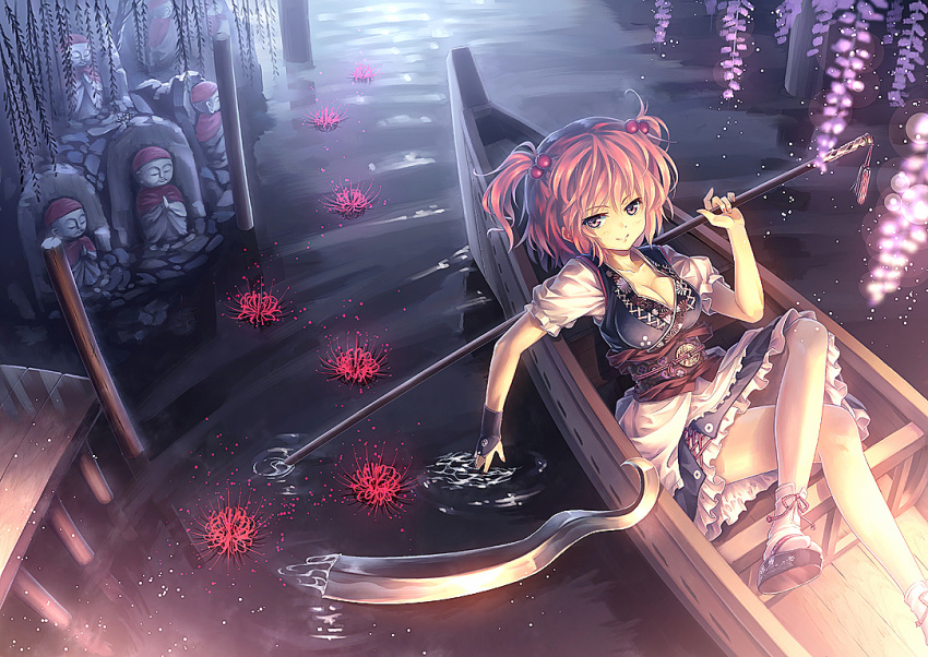 boat breasts cleavage commentary_request female flower full_body hair_bobbles hair_ornament holding holding_scythe jizou large_breasts looking_at_viewer okobo onozuka_komachi orita_enpitsu photoshop_(medium) pink_eyes pink_hair sandals scythe short_hair skirt smile socks solo touhou two_side_up watercraft