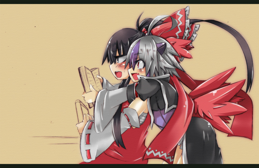 2girls :d ahoge arm_around_shoulder bad_id bad_pixiv_id bandages black_eyes black_hair blush book bow chest_sarashi commentary_request detached_sleeves dress from_side grey_hair hairbow hakurei_reimu head_wings highres holding holding_book horns hug hug_from_behind jitome layered_sleeves leaning_on_person letterboxed long_hair long_sleeves multicolored_hair multiple_girls oerba_yun_fang open_book open_mouth oshino_hazure ponytail profile puffy_short_sleeves puffy_sleeves purple_hair purple_horns red_dress red_eyes red_wings ribbon-trimmed_sleeves ribbon_trim sarashi short_hair short_over_long_sleeves short_sleeves sideways_mouth simple_background single_head_wing smile tokiko_(touhou) touhou two-tone_hair wavy_mouth wide_sleeves wings yellow_background