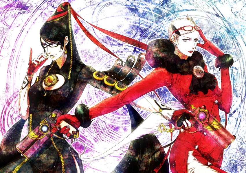 2girls bad_id bad_pixiv_id bayonetta bayonetta_(series) bayonetta_1 belt black-framed_eyewear black_hair blue_eyes bodysuit candy chains cleavage_cutout clothing_cutout earrings eyeshadow eyewear_on_head food glasses grey_eyes gun handgun heart jeanne_(bayonetta) jewelry lipstick lollipop long_hair looking_at_viewer makeup mole mole_under_mouth multiple_girls pinky_out red-framed_eyewear red_ribbon ribbon seitsuji short_hair weapon