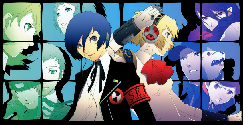 4girls 5boys aegis_(persona) amada_ken aqua_eyes aqua_hair aragaki_shinjirou baseball_cap blonde_hair blue_eyes blue_hair brown_hair canine coat earrings facial_hair gekkoukan_high_school_uniform goatee grey_hair hat highres iori_junpei jewelry kirijou_mitsuru koromaru_(persona) lolicon multiple_boys multiple_girls non-web_source persona persona_3 red_eyes red_hair ribbon robot sanada_akihiko school_uniform smile soejima_shigenori sweater teenage yamagishi_fuuka yukari_takeba yuuki_makoto_(persona_3)