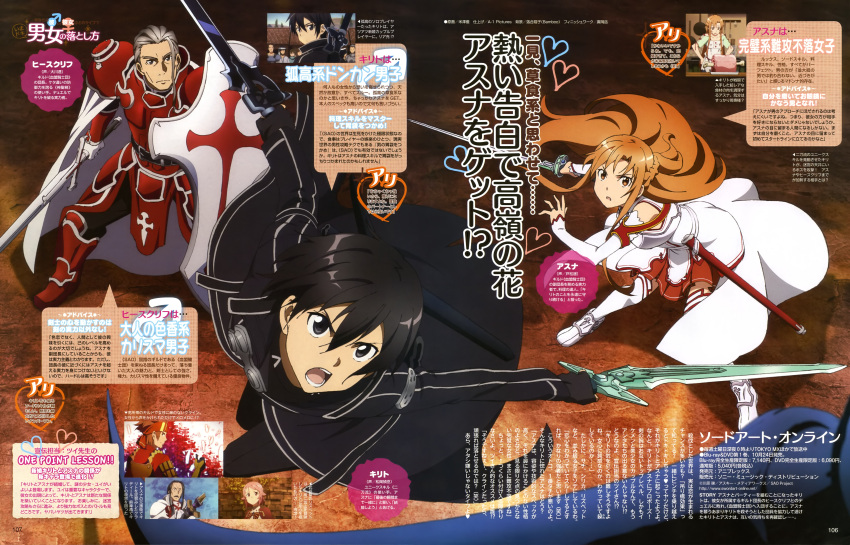 2boys absurdres action armor armored_boots asuna_(sao) attack black_clothes blue_eyes blue_hair body_armor boned_meat boots breastplate brown_eyes brown_hair cape dark_repulser dress dual_wielding elucidator female food grey_hair heathcliff_(sao) highres holding holding_shield holding_sword holding_weapon kirito knight knights_of_blood_uniform_(sao) kuradeel lambent_light liberator_(sao) lisbeth_(sao) long_sword magazine_scan meat multiple_boys official_art open_mouth rapier red_armor red_legwear red_skirt scan sheath shield shoulder_armor skirt sword sword_art_online the_skull_reaper thighhighs unsheathed weapon white_armor white_cape white_dress white_thighhighs yonezawa_masaru