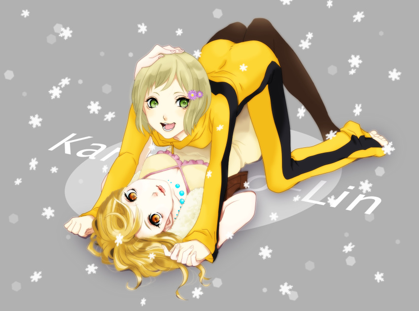 2girls bad_id bad_pixiv_id barefoot blonde_hair bodysuit brown_eyes brown_legwear bruce_lee's_jumpsuit dress flower green_eyes hair_flower hair_ornament highres huang_baoling jewelry karina_lyle long_hair multiple_girls necklace photoshop_(medium) short_hair tiger_&_bunny vest yellow_bodysuit yellow_eyes yk5112335