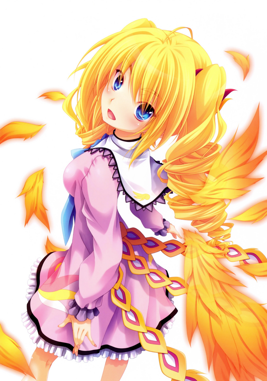 :d absurdres blonde_hair blue_eyes dress drill_hair feathers female high_school_dxd highres long_hair miyama-zero official_art open_mouth ravel_phenex simple_background smile solo twin_drills twintails wings