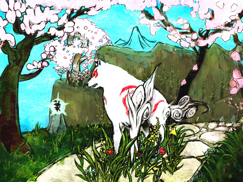 amaterasu_(ookami) cherry_blossoms commentary_request flower issun ma_nyan_(nyao_mao_nyao) no_humans okami outdoors tattoo traditional_media tree wolf