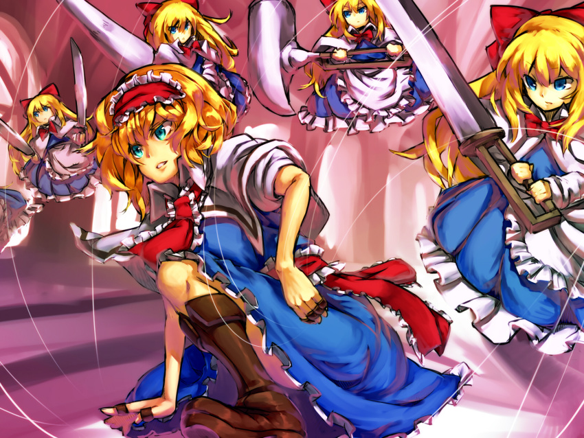 alice_margatroid blonde_hair blue_eyes boots capelet commentary_request doll dress dual_wielding female hairband hammer highres holding jewelry lance melon22 polearm puppet_rings puppet_strings ring sash shanghai_doll short_hair solo string sword touhou weapon