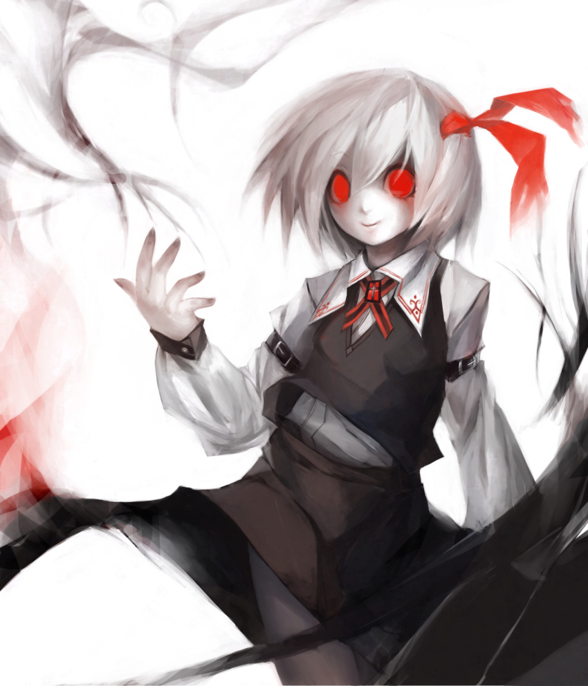 commentary_request darkness dress female hair_ribbon highres looking_at_viewer photoshop_(medium) red_eyes ribbon rumia short_hair smile solo spark621 touhou white_hair