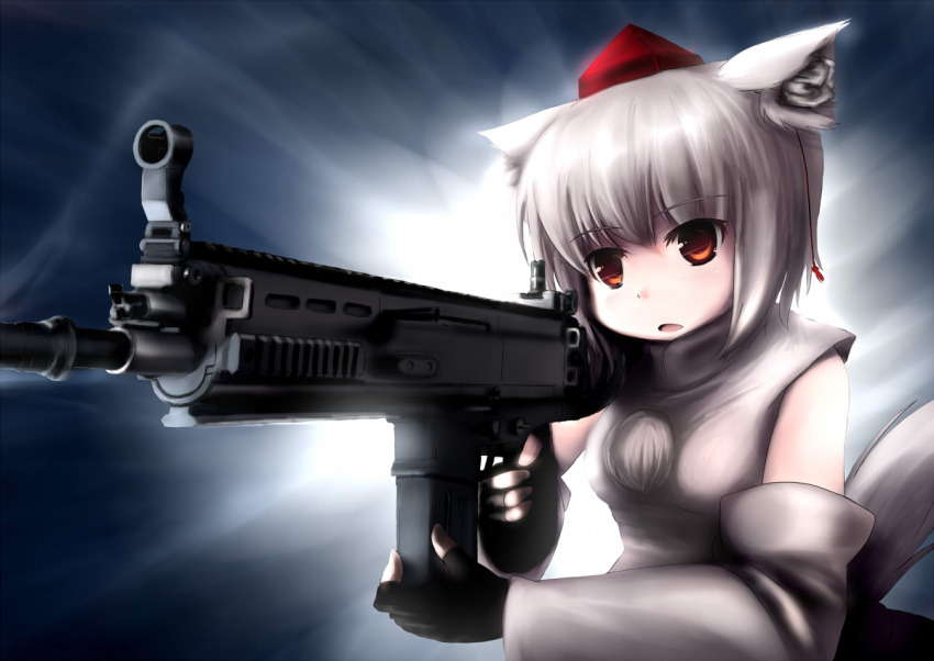 animal_ears assault_rifle battle_rifle commentary commentary_request detached_sleeves female fingerless_gloves fn_scar fn_scar_17 gloves gun hat inubashiri_momiji open_mouth pointing_weapon red_eyes reloading rifle short_hair solo tail tokin_hat touhou tsubasa_(abchipika) weapon white_hair wolf_ears wolf_tail