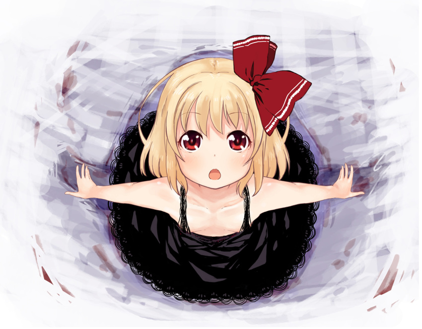 :o abe_kanari alternate_costume blonde_hair blush bow commentary_request dress female flat_chest hairbow looking_at_viewer looking_up oerba_yun_fang open_mouth outstretched_arms photoshop_(medium) red_eyes rumia short_hair solo touhou