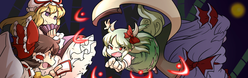 4girls bad_id bad_pixiv_id bamboo blonde_hair bow brown_eyes brown_hair detached_sleeves ex-keine fujiwara_no_mokou full_moon green_hair grey_hair hair_tubes hairbow hakurei_reimu hand_fan hat hat_ribbon highres horns imperishable_night kamishirasawa_keine long_hair long_sleeves moon multiple_girls mutsuki_(tsugaidanuki) oerba_yun_fang ofuda open_mouth puffy_sleeves ribbon short_hair short_sleeves smile tail touhou yakumo_yukari