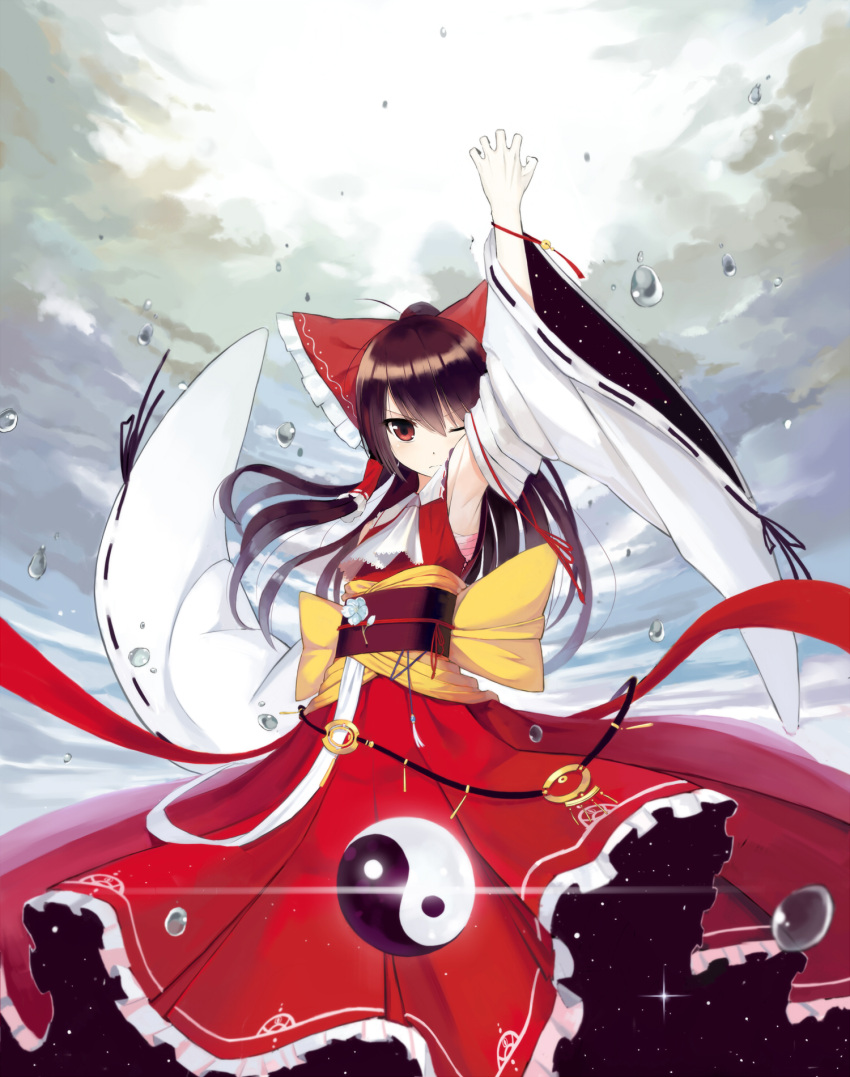 alternate_costume arm_up ascot bad_id bad_pixiv_id bow brown_eyes brown_hair detached_sleeves female hair_tubes hairbow hakurei_reimu highres keli_bang long_hair one_eye_closed red_bow solo touhou wide_sleeves yin_yang