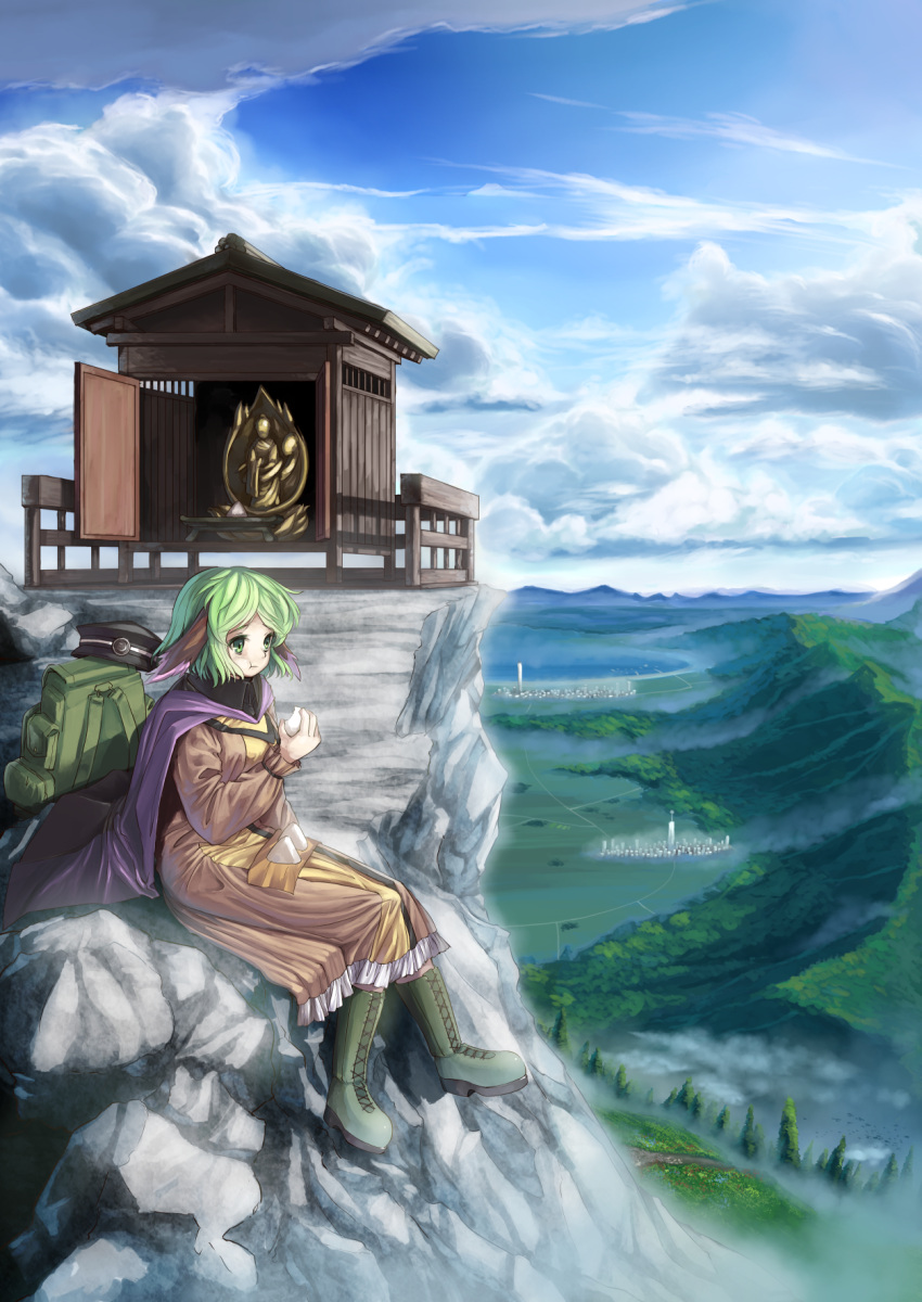 :t animal_ears backpack bag black_hat boots brown_dress cape city closed_mouth cloud cloudy_sky commentary_request day dress eating female food frilled_sleeves frills full_body grass green_bag green_eyes green_footwear green_hair hand_up hat highres holding holding_food kasodani_kyouko lake long_sleeves looking_ahead mountain onigiri outdoors purple_cape sakimori_dan scenery short_hair sitting sky solo temple touhou