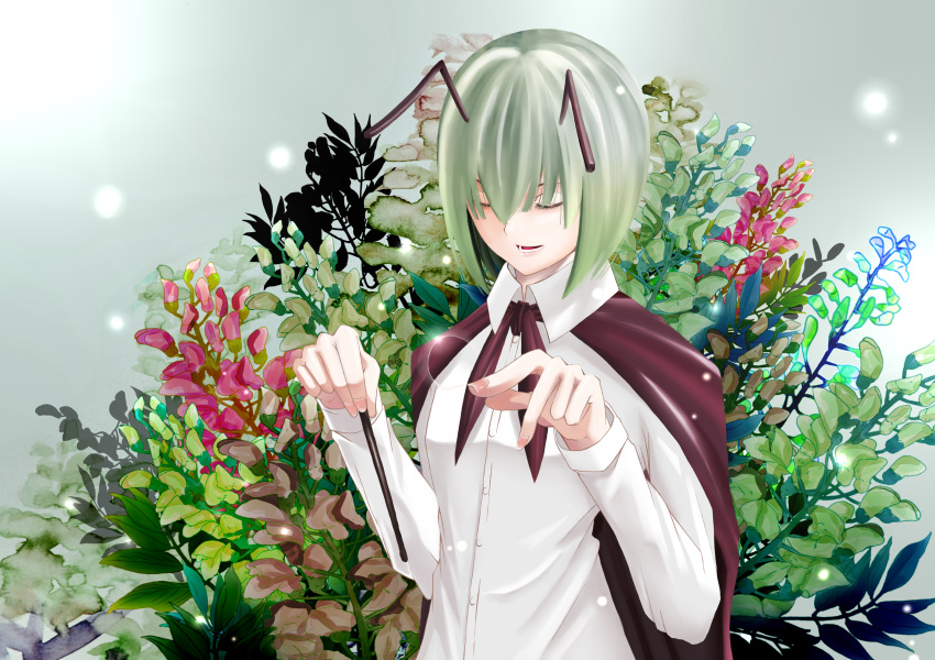 absurdres antennae cape closed_eyes commentary_request conductor female flower green_hair highres mikoma_sanagi open_mouth shirt short_hair solo touhou wings wriggle_nightbug