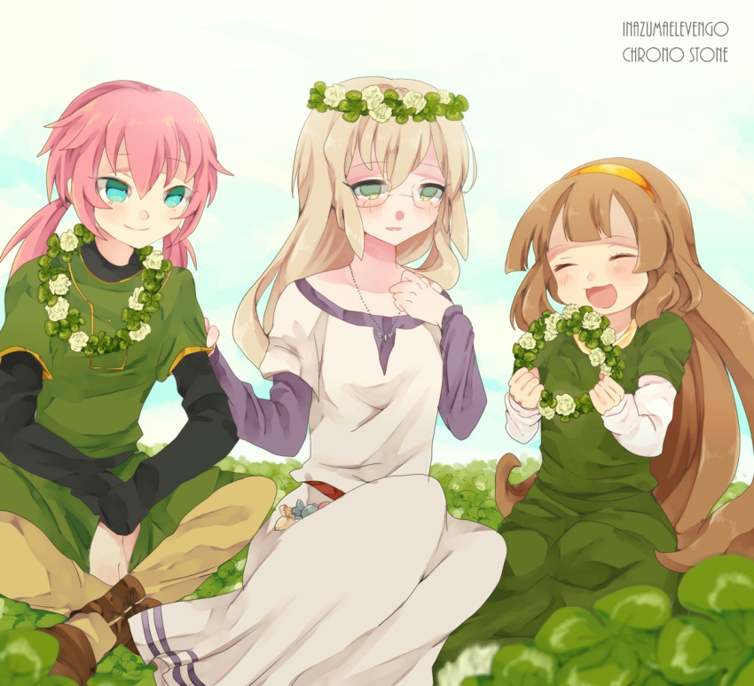 1boy 2girls blonde_hair blue_eyes brown_hair closed_eyes clover clover_(flower) commentary_request dress flower glasses grass green_eyes hairband head_wreath inazuma_eleven_(series) inazuma_eleven_go inazuma_eleven_go_chrono_stone jeanne_d'arc_(inazuma_eleven) kirino_ranmaru long_hair multiple_girls nanobana_kinako orange_hairband pink_hair shirota69 sitting tunic twintails