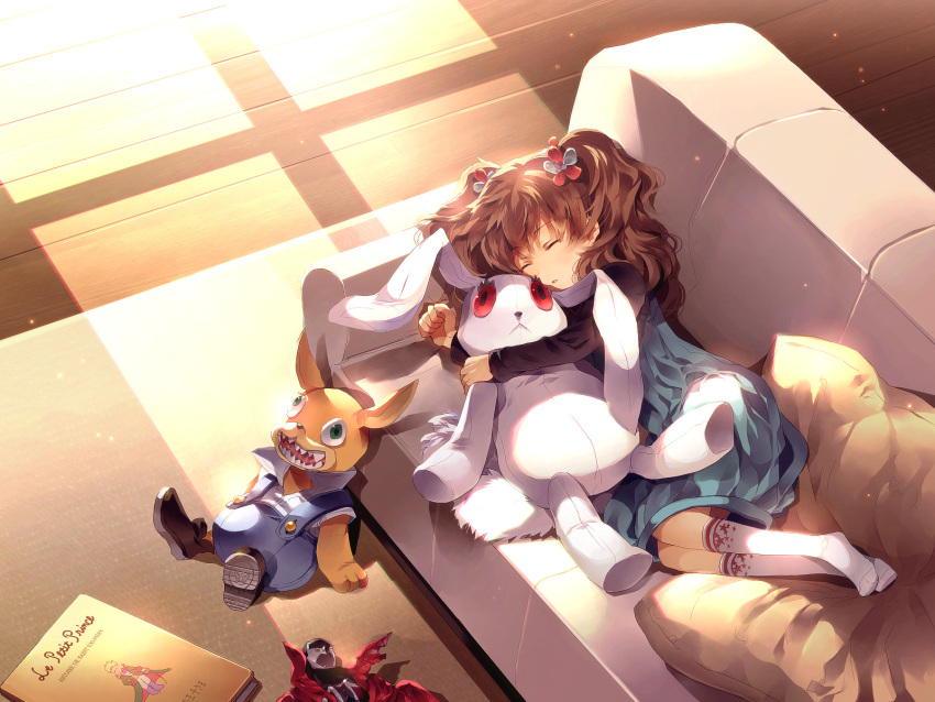 action_figure book brown_hair cage_-close- commentary_request couch dress female hair_ornament highres image_comics long_hair pillow rabbit sleeping solo spawn_(comic) spawn_(spawn) stuffed_animal stuffed_toy sunakumo