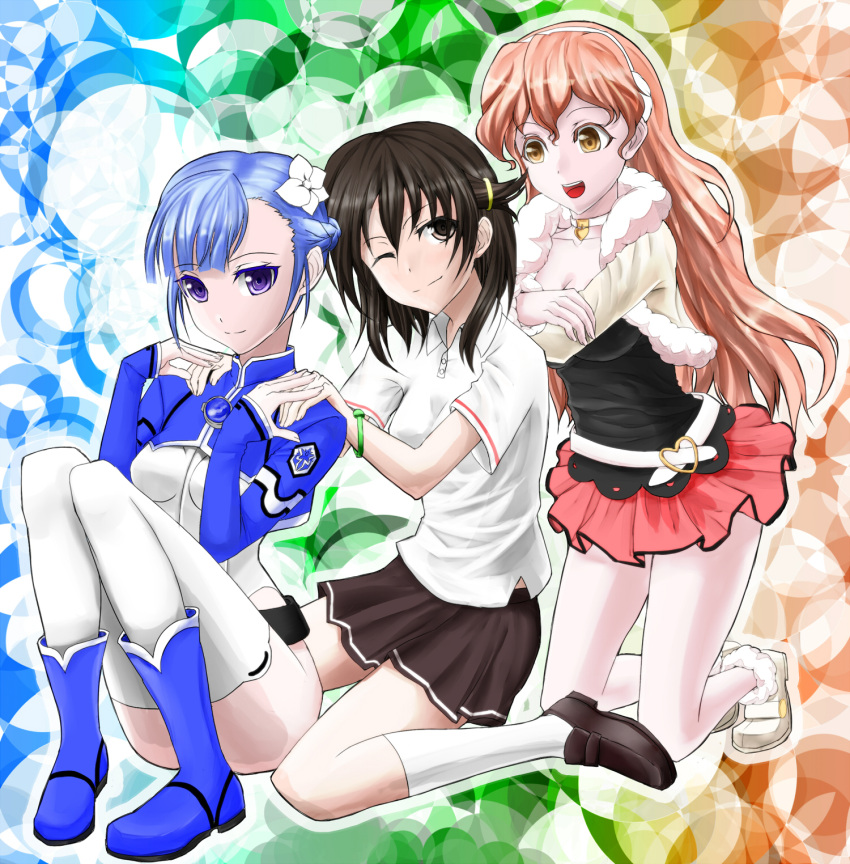 3girls bad_id bad_pixiv_id belt blue_hair bodysuit bracelet brown_eyes brown_hair buckle choker fin_e_ld_si_laffinty flower hair_flower hair_ornament hairband hand_on_shoulder heart highres jewelry kneehighs kyouno_madoka long_hair long_sleeves muginami multiple_girls one_eye_closed open_mouth orange_hair purple_eyes rinne_no_lagrange school_uniform shoes short_hair short_sleeves skirt smile socks suga_akira thighhighs yellow_eyes