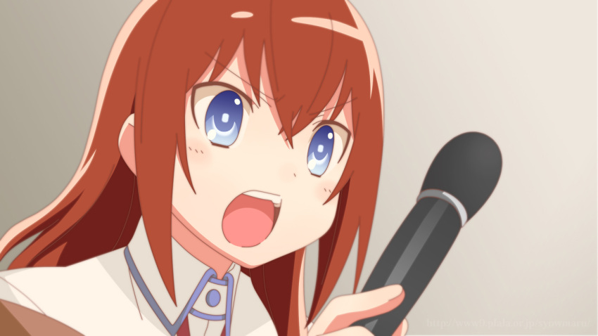 blue_eyes brown_hair commentary_request female joshiraku long_hair look-alike makise_kurisu microphone open_mouth parody photoshop_(medium) shoumaru_(gadget_box) solo steins;gate style_parody