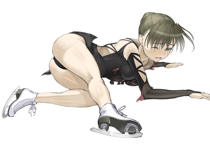 ass bad_id bad_pixiv_id bare_shoulders blush braid bridal_gauntlets brown_hair character_request clumsy copyright_request crying crying_with_eyes_open fallen_down female figure_skating hair_bun highres ice_skates legs nakabayashi_reimei one_eye_closed photoshop_(medium) single_hair_bun skates solo tears wavy_mouth wince