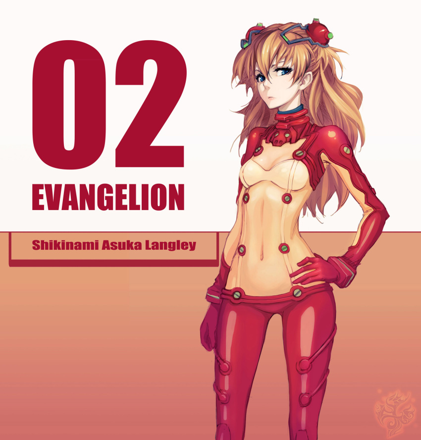 bad_id bad_pixiv_id blue_eyes bodysuit breasts evangelion:_2.0_you_can_(not)_advance female hair_ornament hand_on_own_hip highres ljs35794 long_hair looking_at_viewer multicolored_bodysuit multicolored_clothes navel neon_genesis_evangelion orange_bodysuit orange_hair photoshop_(medium) plugsuit rebuild_of_evangelion red_bodysuit small_breasts solo souryuu_asuka_langley test_plugsuit