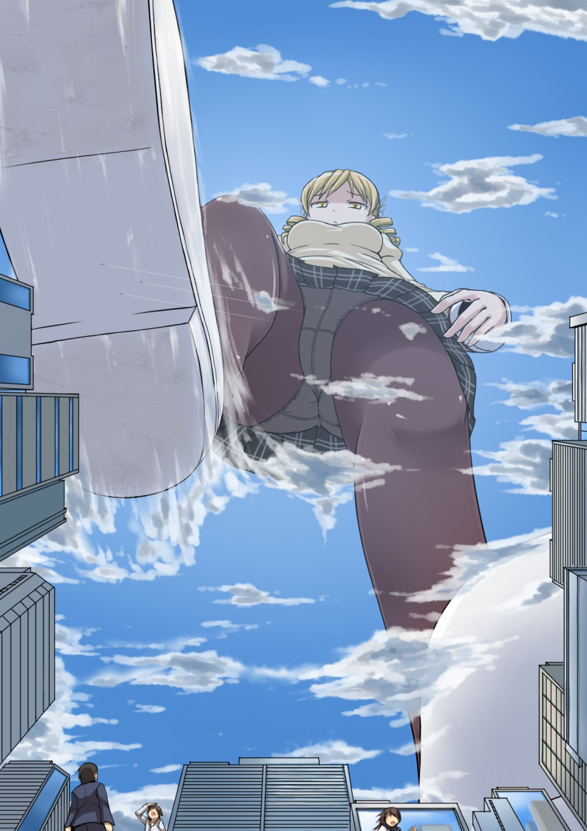 blonde_hair city cloud commentary_request crotch_seam day drill_hair female from_below giant giantess hair_ornament highres mahou_shoujo_madoka_magica mahou_shoujo_madoka_magica_(anime) panties panties_under_pantyhose pantyhose school_uniform shoe_soles skirt solo terada_ochiko tomoe_mami twin_drills twintails underwear upskirt yellow_eyes