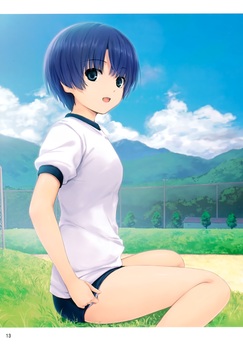 :d absurdres adjusting_buruma adjusting_clothes ano_natsu_de_matteru blue_eyes blue_hair buruma chain-link_fence cloud coffee-kizoku day female fence grass gym_uniform highres mountain open_mouth outdoors panties panties_under_buruma panty_peek scan short_hair sitting sky smile solo tanigawa_kanna underwear white_panties