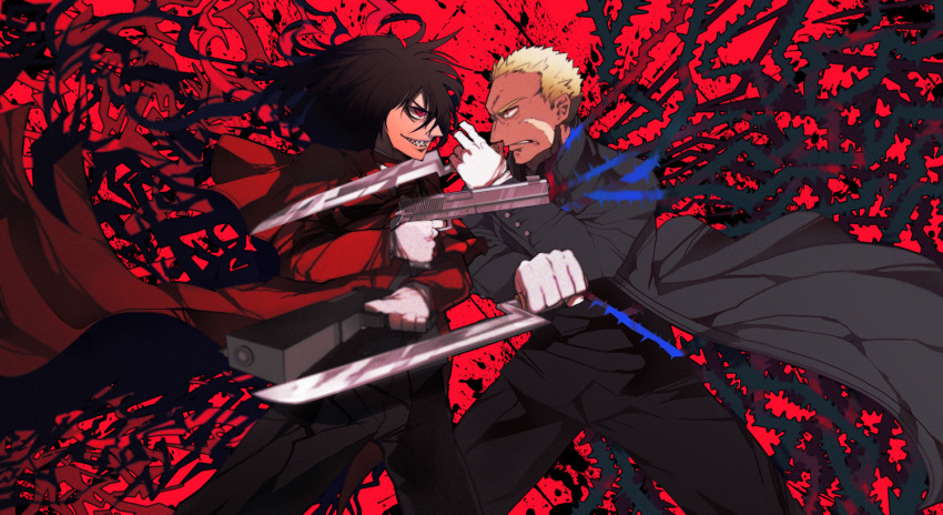 alucard anderson black_hair blonde_hair gloves gun hara_ryo hellsing knife long_hair male scar short_hair weapon