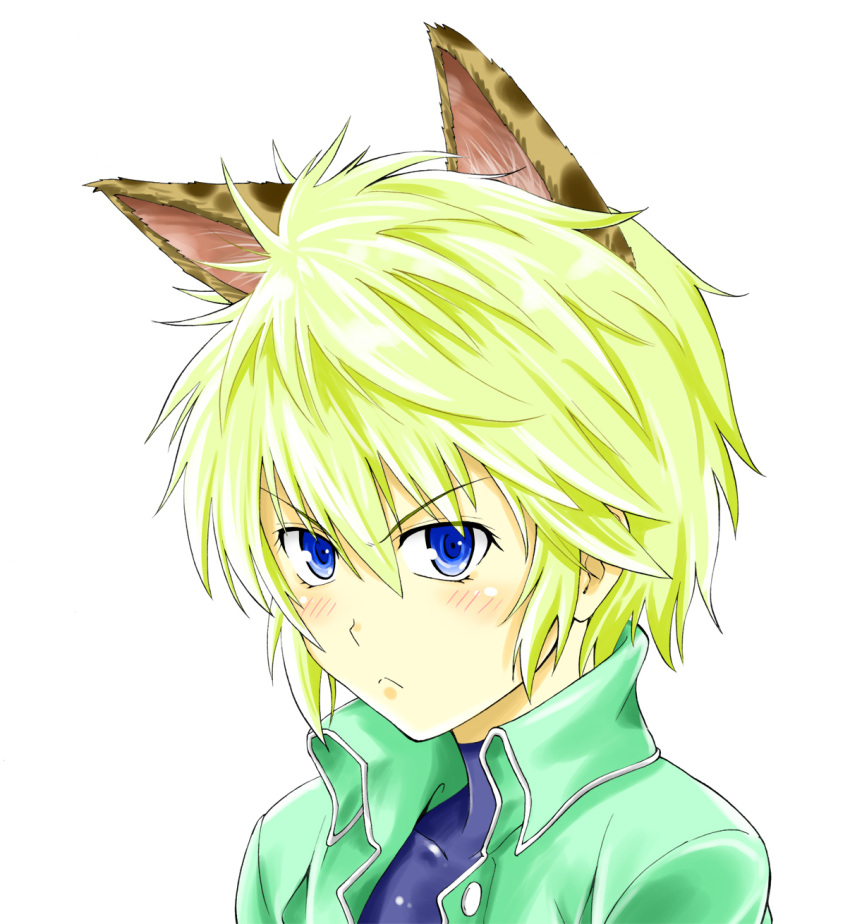 :< animal_ears blue_eyes blush cat_ears commentary_request ester_elhas extra_ears female green_hair highres kemonomimi_mode oku_hideki photoshop_(medium) portrait short_hair simple_background solo super_robot_wars super_robot_wars_z super_robot_wars_z2 white_background