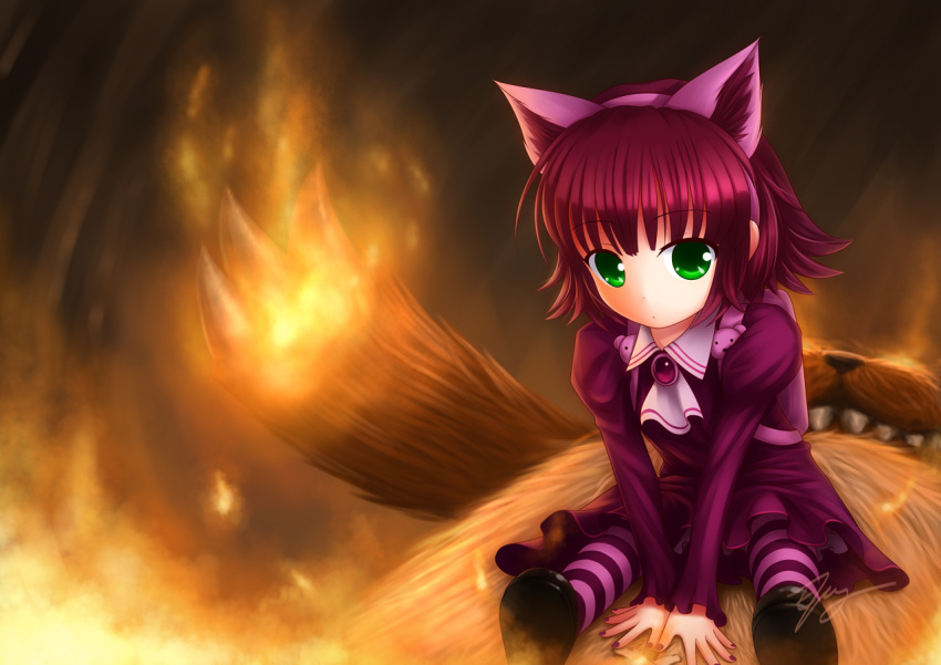 animal_ears annie_(league_of_legends) backpack bag between_legs commentary_request fake_animal_ears female fingernails fire green_eyes hand_between_legs league_of_legends looking_at_viewer nail_polish red_hair ricegnat shoes short_hair signature sitting solo striped_clothes striped_thighhighs thighhighs tibbers v_arms