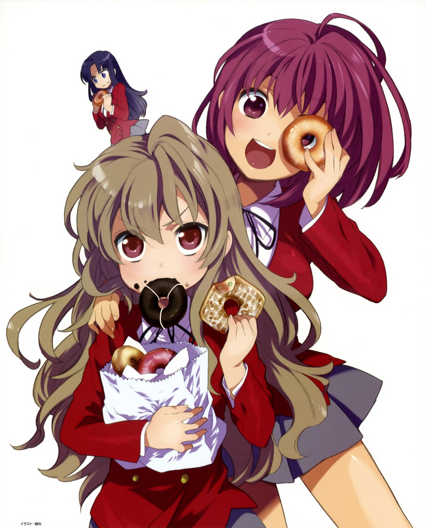 3girls :d absurdres aisaka_taiga bag blue_eyes blue_hair blush brown_hair doughnut eating food highres holding kawashima_ami kushieda_minori long_hair looking_at_viewer mouth_hold multiple_girls oohashi_high_school_uniform open_mouth photoshop_(medium) red_eyes red_hair scan school_uniform simple_background skirt smile toradora! white_background zekkyou_(h9s9)