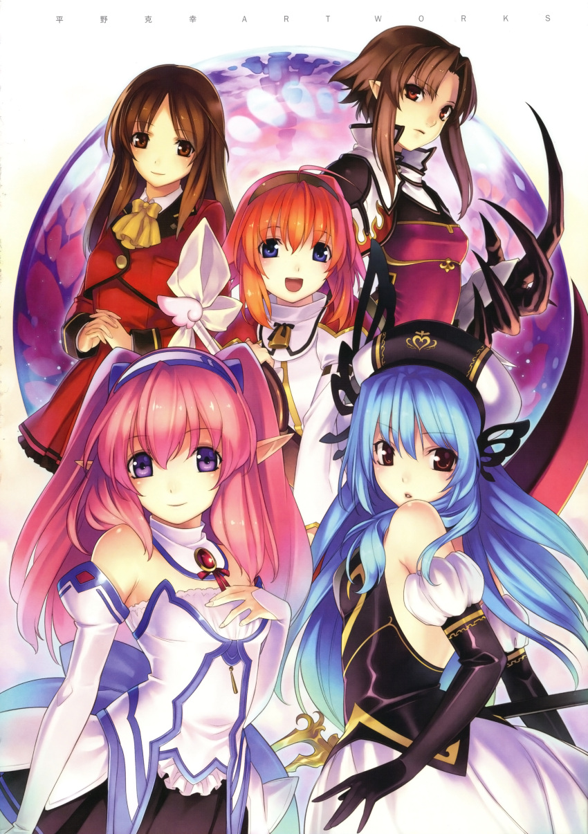 5girls absurdres agarest_senki_(series) agarest_senki_2 blue_eyes blue_hair brown_eyes brown_hair character_request detached_sleeves dress espgarude_(spectral_force) fiona_(agarest_senki) gloves hairband hat highres hirano_katsuyuki hiro_(spectral_force) long_hair meu_(spectral_souls) multiple_girls official_art orange_hair photoshop_(medium) pink_hair pointy_ears purple_eyes short_hair smile spectral_(series) spectral_force spectral_force_genesis spectral_souls