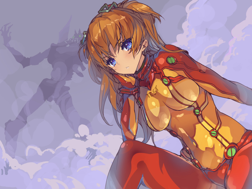 :< akaga_hirotaka blue_eyes bodysuit breasts brown_hair eva_02 evangelion:_2.0_you_can_(not)_advance female hair_ornament head_rest headgear highres long_hair looking_at_viewer mecha medium_breasts multicolored_bodysuit multicolored_clothes neon_genesis_evangelion orange_bodysuit photoshop_(medium) plugsuit rebuild_of_evangelion red_bodysuit robot science_fiction skin_tight smoke solo souryuu_asuka_langley test_plugsuit two_side_up