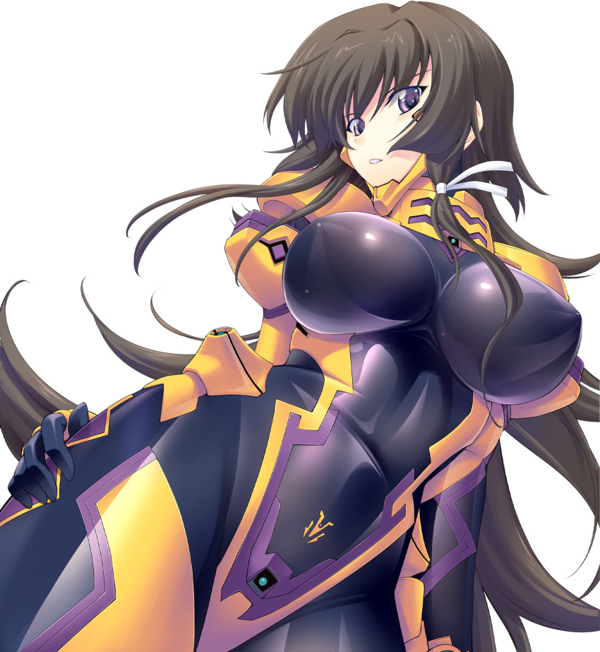 black_bodysuit bodysuit breasts brown_hair covered_navel dutch_angle female fortified_suit hair_ribbon hand_on_own_thigh highres impossible_bodysuit impossible_clothes large_breasts lips long_hair looking_at_viewer lying miyata_sou muv-luv muv-luv_alternative muv-luv_total_eclipse official_art on_side parted_lips pilot_suit purple_eyes ribbon shiny_clothes skin_tight solo takamura_yui teeth transparent_background very_long_hair