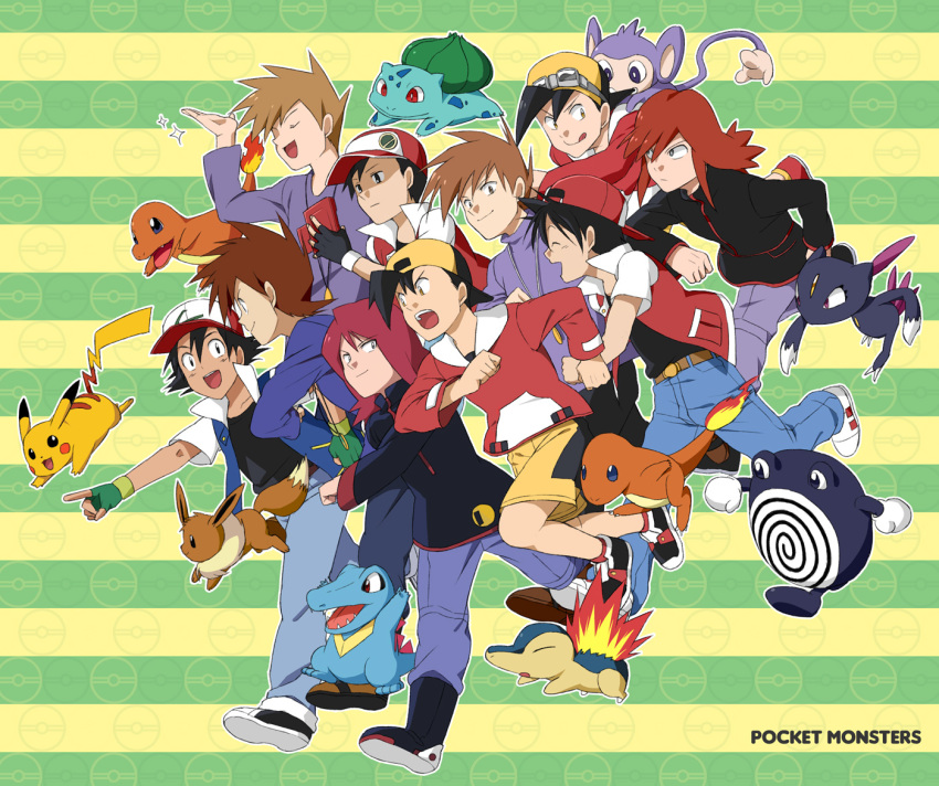 6+boys aipom backwards_hat baseball_cap black_eyes black_hair blue_oak brown_hair bulbasaur charmander commentary_request copyright_name cyndaquil eevee ethan_(pokemon) fingerless_gloves flame-tipped_tail gary_oak gloves goggles goggles_on_head hat jacket jewelry koma_yoichi multiple_boys necklace pikachu pointing pokedex pokemon pokemon_(anime) pokemon_(classic_anime) pokemon_(creature) pokemon_adventures pokemon_gsc pokemon_hgss pokemon_rgby poliwhirl red_(pokemon) red_hair running satoshi_(pokemon) short_hair silver_(pokemon) smile sneasel sparkle spiked_hair striped striped_background totodile