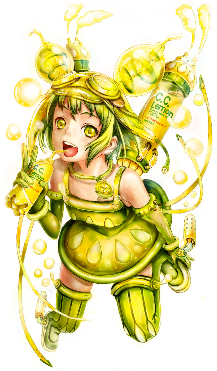 absurdres bad_id bad_pixiv_id boots bubble c.c._lemon c.c._lemon_(character) commentary_request dress drinking_straw female gloves goggles goggles_on_head green_eyes green_footwear green_hair green_thighhighs highres jewelry necklace open_mouth pierorabu short_hair simple_background solo steam thigh_boots thighhighs v white_background