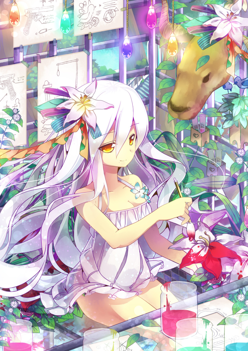 absurdres bad_id bad_pixiv_id bare_shoulders brush dress female flower glass hair_flower hair_ornament highres holding homu-chan long_hair nyori pixiv_fantasia pixiv_fantasia_sword_regalia sitting smile solo sundress table white_hair yellow_eyes