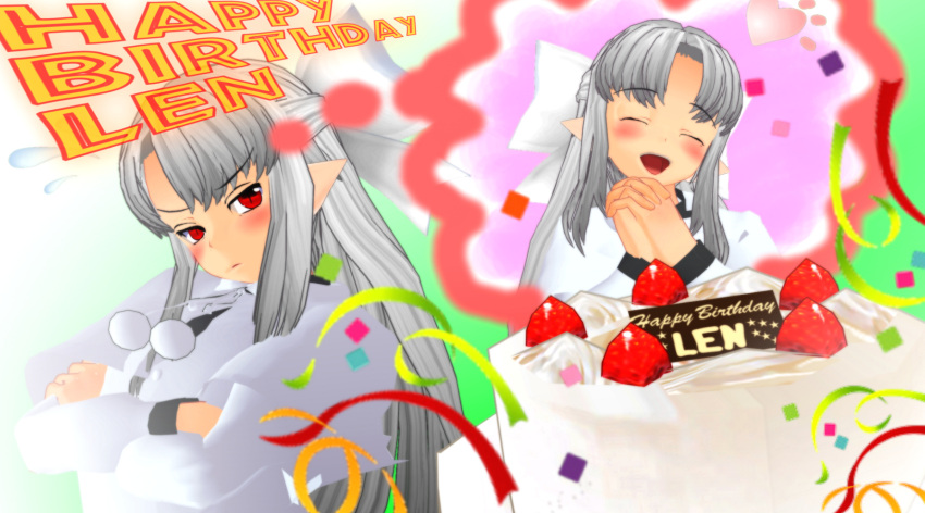 3d 96_(finaltetsuya) bad_id bad_pixiv_id blush bow cake crossed_arms female food fruit grey_hair hairbow happy happy_birthday highres long_hair melty_blood pointy_ears red_eyes strawberry tsukihime white_len_(tsukihime)