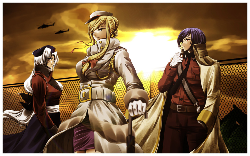 3girls aircraft belt blonde_hair buckle coat commentary_request gloves growingnoob hat helicopter long_sleeves melone multiple_girls photoshop_(medium) purple_hair short_hair sunlight touhou white_gloves white_hair yagokoro_eirin yakumo_yukari yasaka_kanako