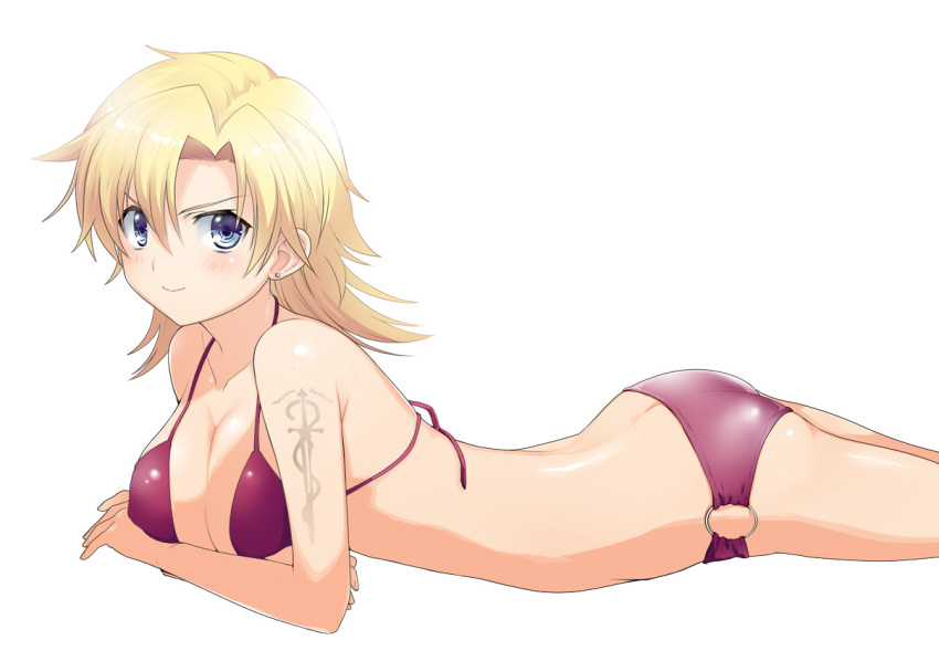 ass bad_id bad_pixiv_id bare_shoulders bikini blonde_hair blush breasts cleavage daitabashi_kinu earrings female genderswap_(mtf) jewelry large_breasts liquid_snake looking_at_viewer lying metal_gear_(series) metal_gear_solid on_stomach purple_bikini purple_eyes rule_63 shiny_skin short_hair simple_background smile solo swimsuit tattoo white_background