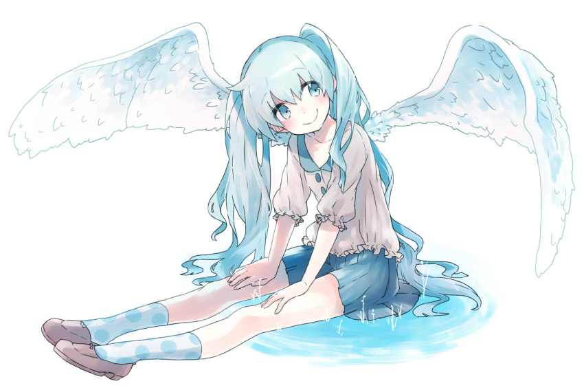 aqua_eyes aqua_hair commentary_request female hatsune_miku long_hair masaizo polka_dot polka_dot_legwear sitting skirt smile socks solo twintails very_long_hair vocaloid wings