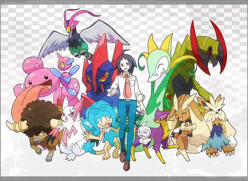 1boy ahoge animal_nose black_hair bouffalant brown_fur castform castform_(normal) checkered_background cheren_(pokemon) commentary_request gigalith haxorus kanade_(unchi_knd280) laughing lickilicky liepard lopunny necktie pokemon pokemon_(creature) pokemon_bw2 porygon-z serperior short_hair simipour stoutland unfezant unfezant_(male) walking zangoose