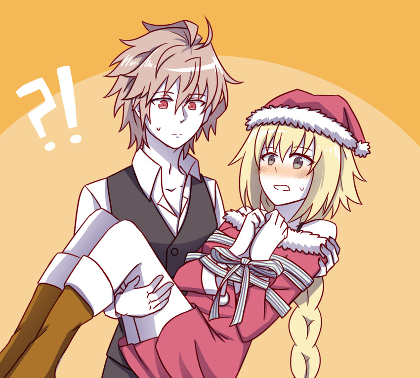 1boy brown_hair carrying christmas christmas_outfit couple fate/apocrypha fate_(series) female female fokwolf hat jeanne_d'arc_(fate) jeanne_d'arc_(fate)_(all) male pale_skin princess_carry red_eyes ruler_(fate/apocrypha) santa_boots santa_costume santa_dress santa_hat short_hair sieg_(fate/apocrypha)