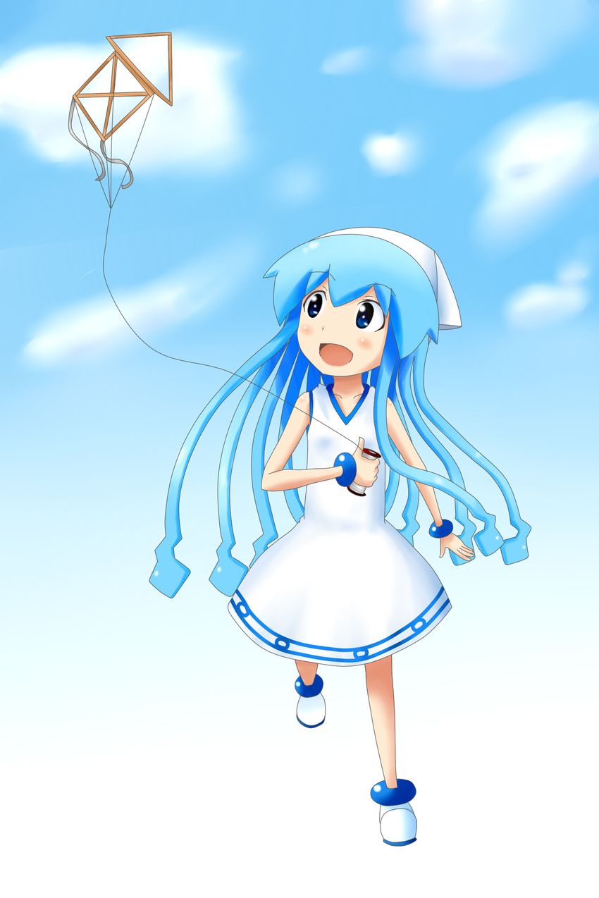 blue_eyes blue_hair commentary_request dress female hat highres ikamusume k.u.n.e. kite long_hair shinryaku!_ikamusume tentacle_hair